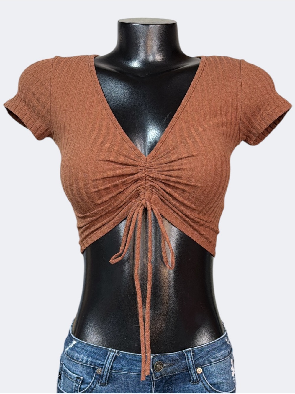 Chocolate USA 90s Vintage Short Sleeves Adjustable Crop Top Tee Front Tie Brown